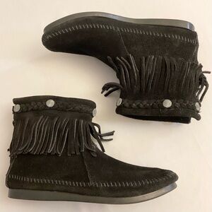 Minnetonka Black Suede Fringe Ankle Boots